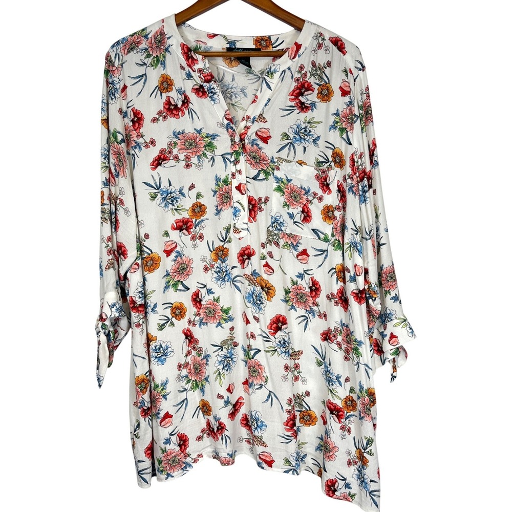 Faith & Zoe Womens 2X Floral Tunic Top Floral Tie Cuff Cottagecore Boho, Coastal